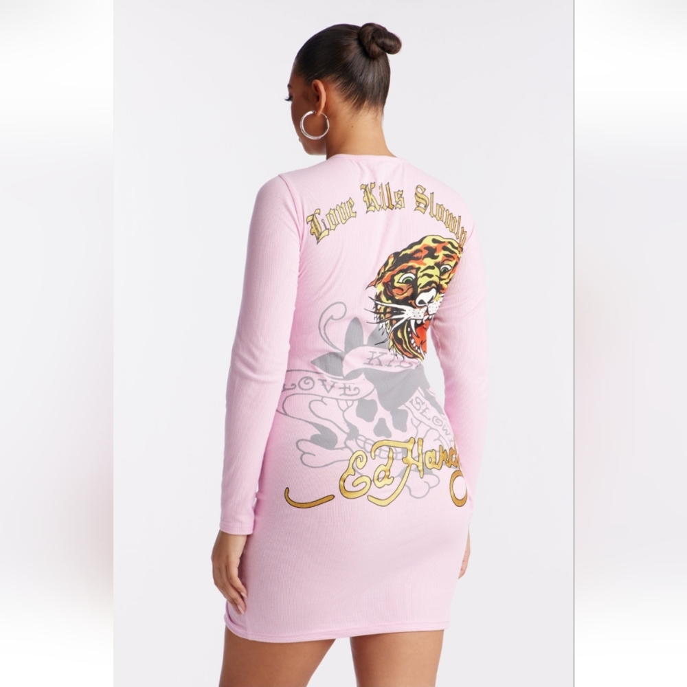 Ed Hardy Retro Flash Ribbed Mini Dress - Pink Size 1X (EUC) - Picture 4 of 12